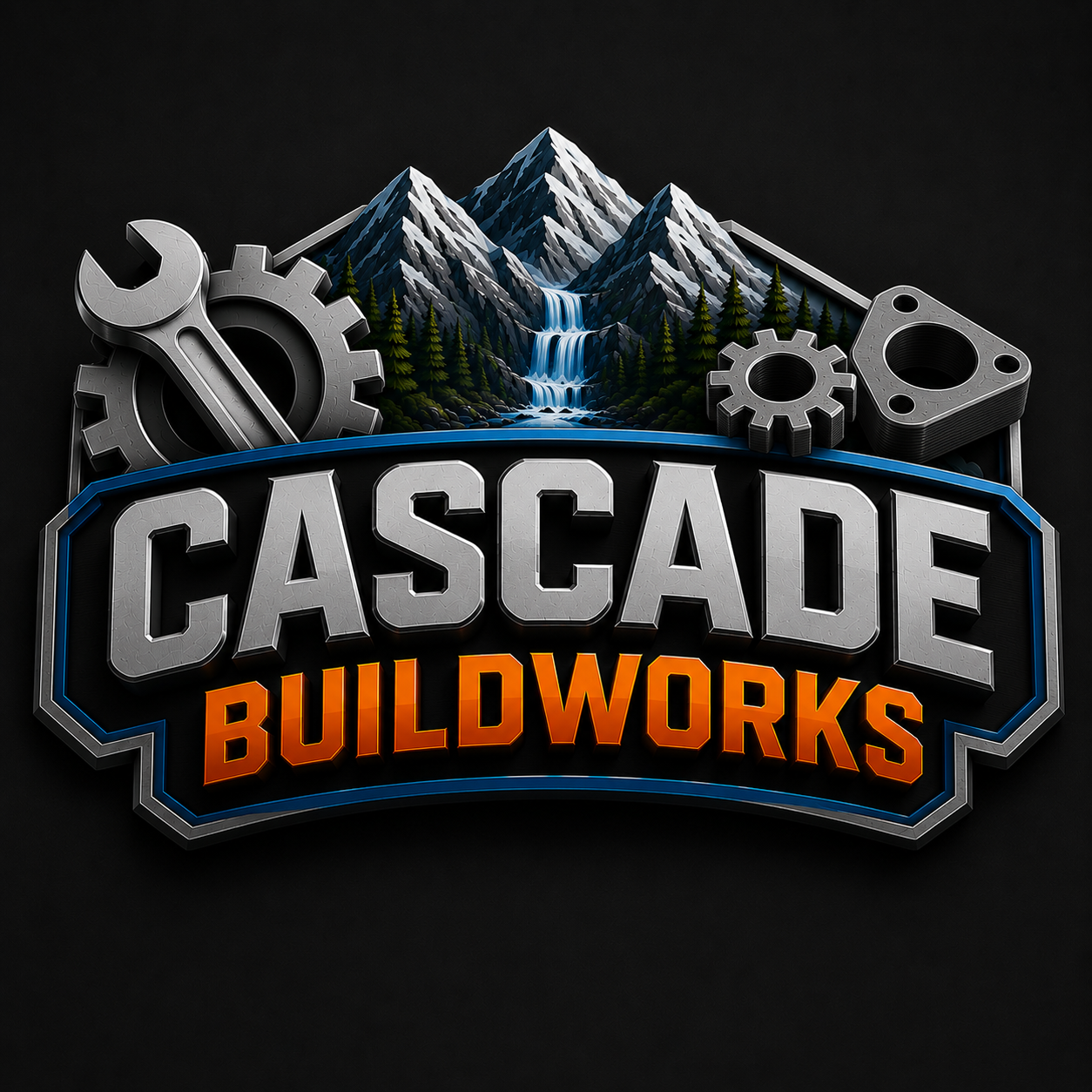 Cascade BuildWorks mountain, tools, gears, and precision part emblem