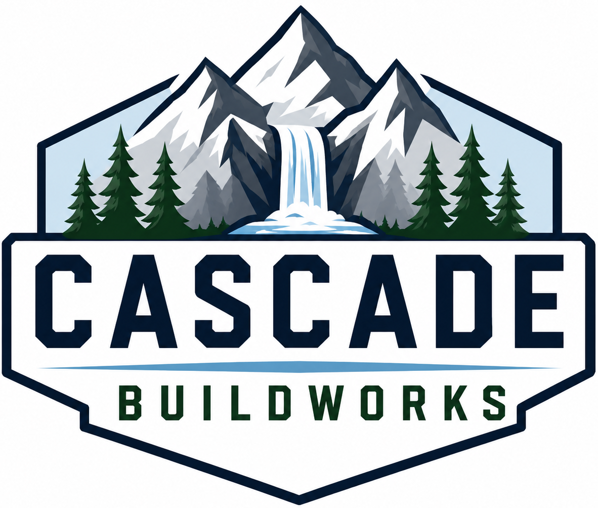 Cascade BuildWorks mountain and waterfall logo
